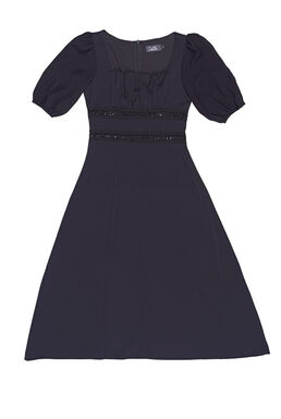 Fine Chiffon Sleeve Hollow Waist Lace Trim Midi Dress (Black)